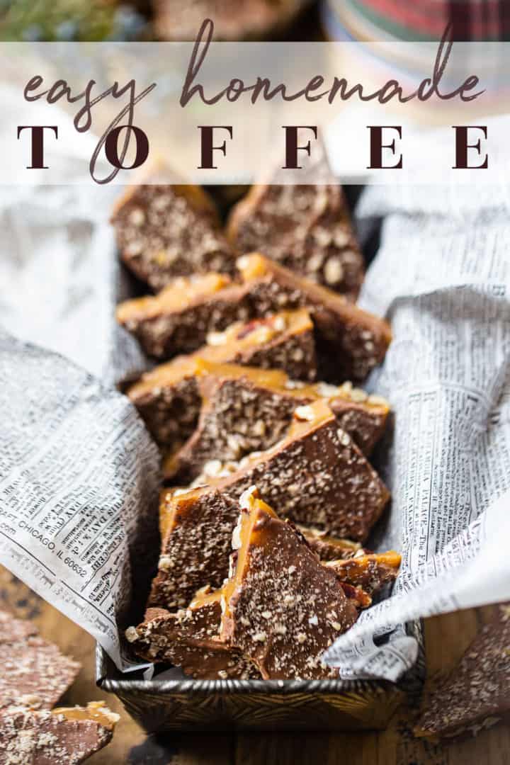 Toffee recipe, prepared and presented in a vintage loaf pan lined with newspaper.