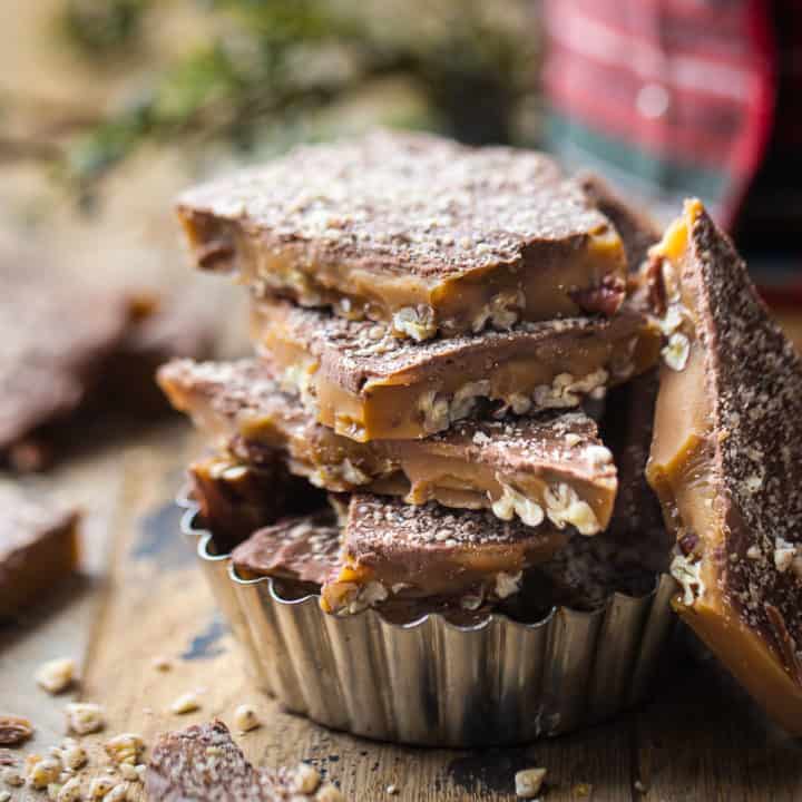 Shards of toffee stacked in a fluted tart pan.