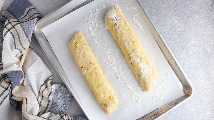 Dough formed into 2 long loaves.