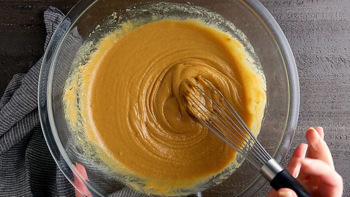 Sugar, butter, and peanut butter whisked until smooth.