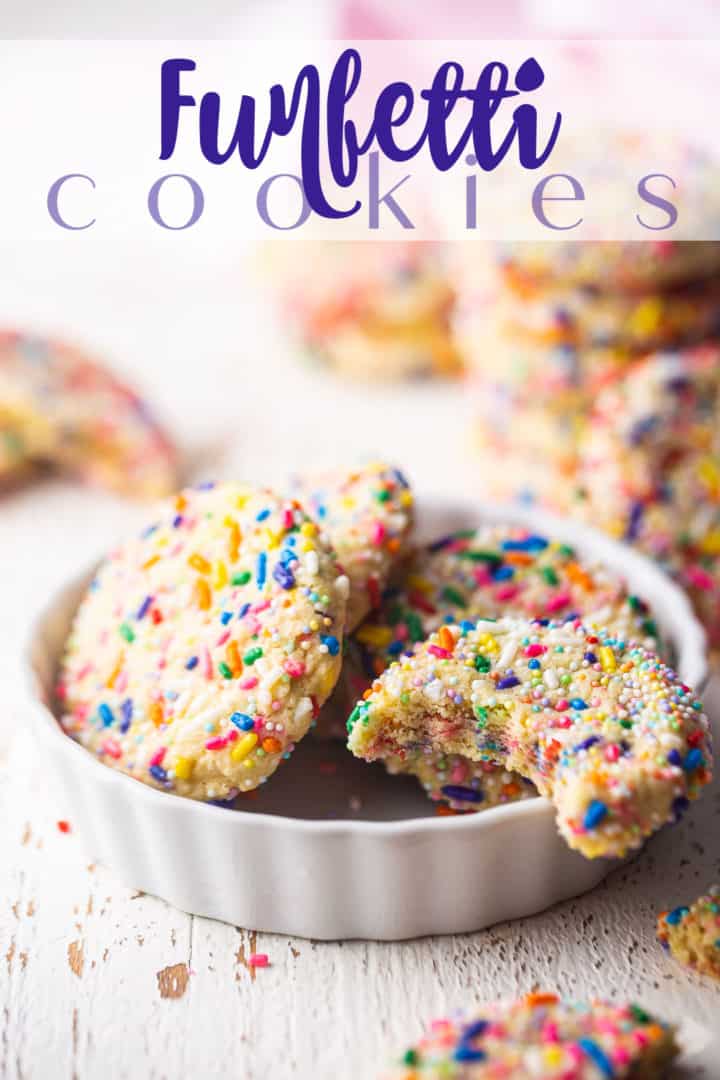 Funfetti cake mix cookies in a white dish with a text overlay that reads "Funfetti Cookies."