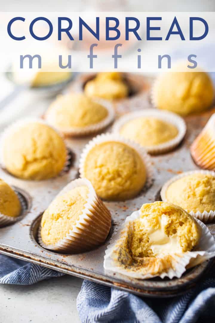 Corn muffin recipe, prepared and presented in a vintage muffin pan with a text overlay that reads "Cornbread Muffins."