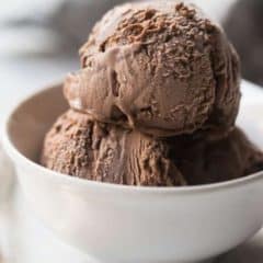 Chocolate ice cream in white bowl.