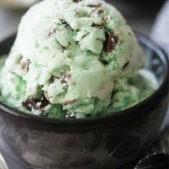 Homemade mint chocolate chip ice cream in black bowl.