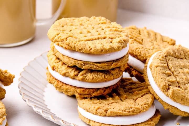 Close-up image of fluff cookies showing off marshmallow filling sandwiched between peanut butter cookies.