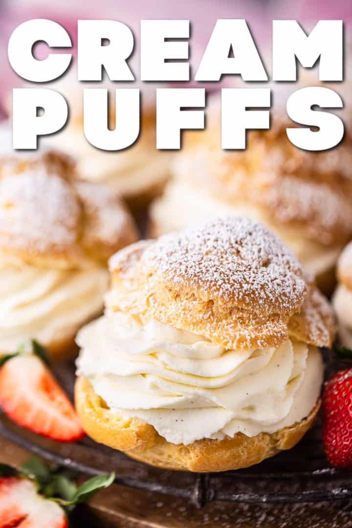 Cream puff recipe, prepared and presented on an antique French wire rack, with a text overlay that reads "Cream Puffs."