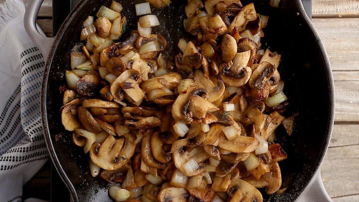Sauteed mushrooms, onions, and seasonings for cream of mushroom soup.