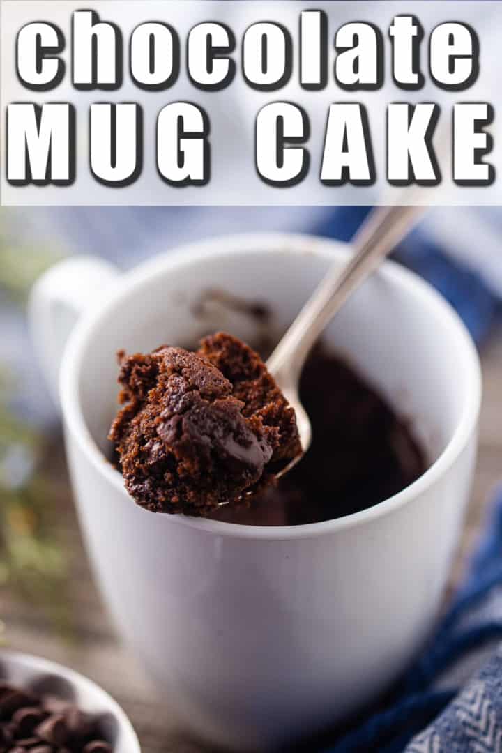 Chocolate mug cake recipe, prepared and baked in a white ceramic coffee cup, with a text overlay above that reads "Chocolate Mug Cake."