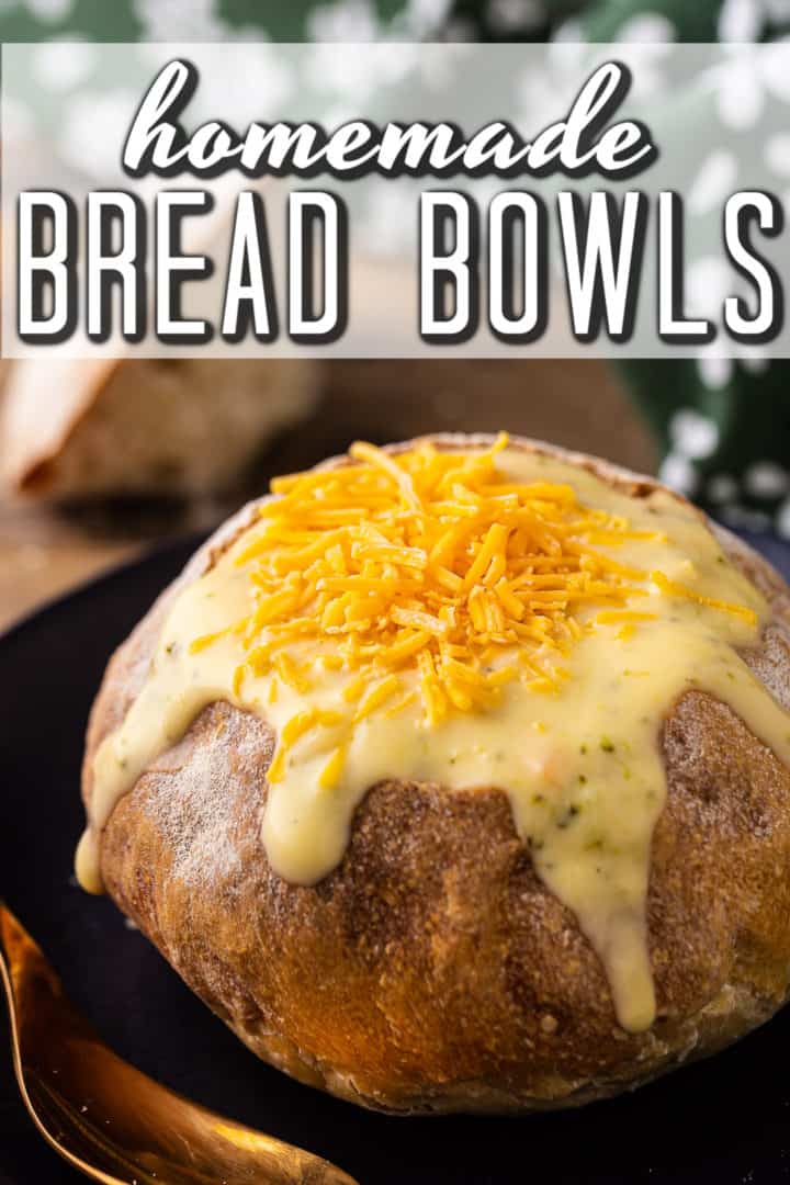 Close-up image of a bread bowl filled with soup, with a text overlay above that reads "Homemade Bread Bowls."