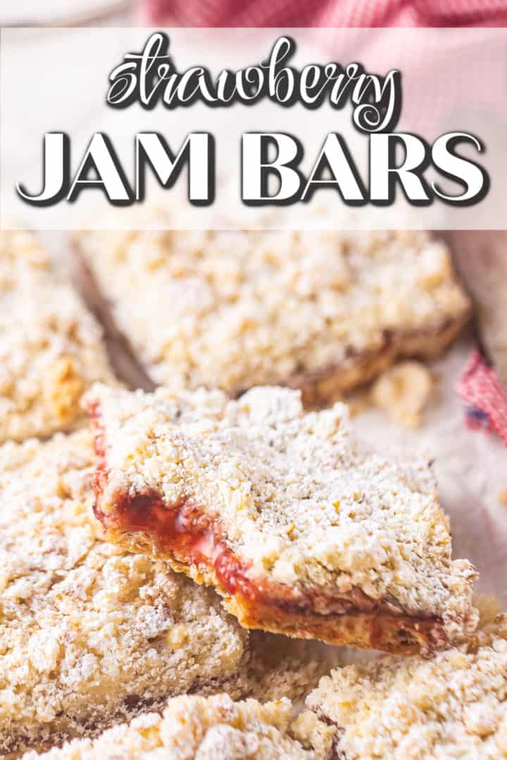 Strawberry jam bars cut into squares, with a text banner above that reads "Strawberry Jam Bars."