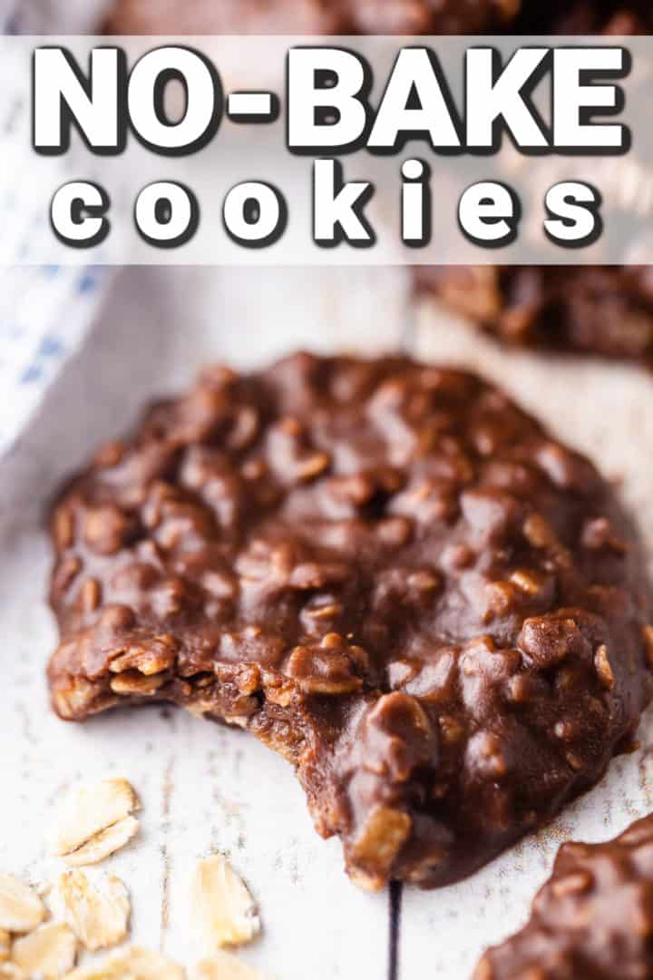 Close up image of a cookie with a bite taken out, with a text banner above that reads "No-Bake Cookies."
