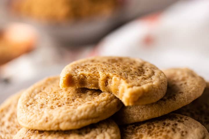 Extreme close-up of brown sugar sugar cookies with a bite taken out.