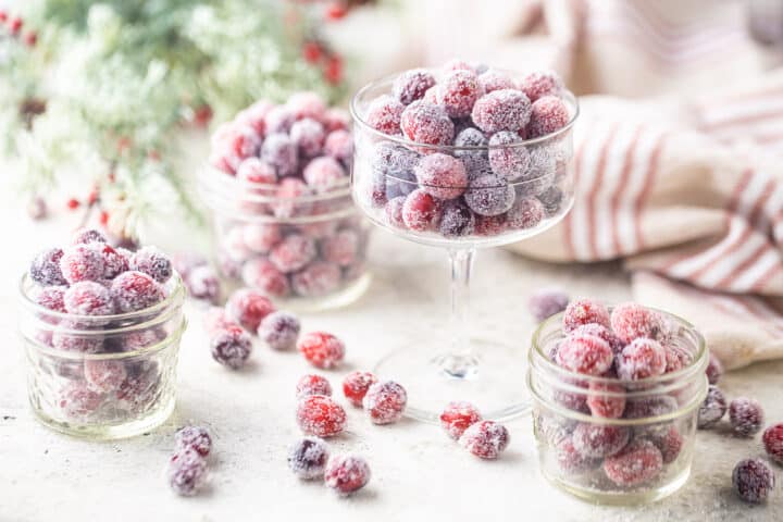 How to make sugared cranberries and display them as winter decor.