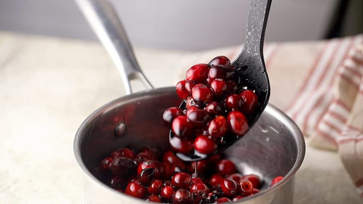Fresh cranberries coated in simple syrup.