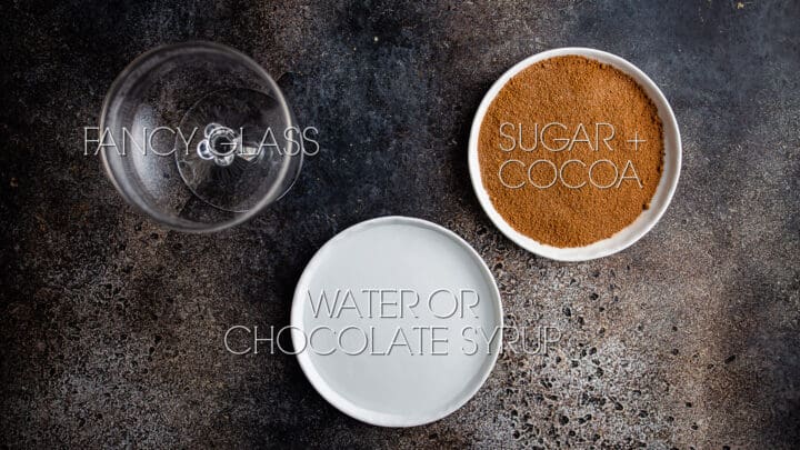 Ingredients for rimming a glass with chocolate sugar.