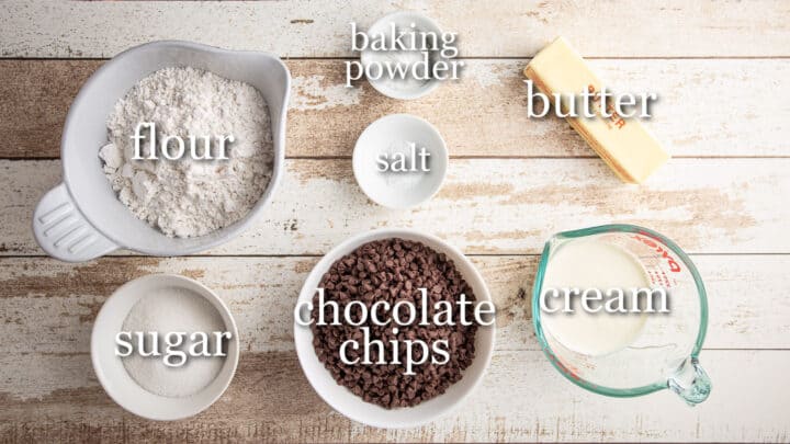 Ingredients for making chocolate chip scones, with text labels.