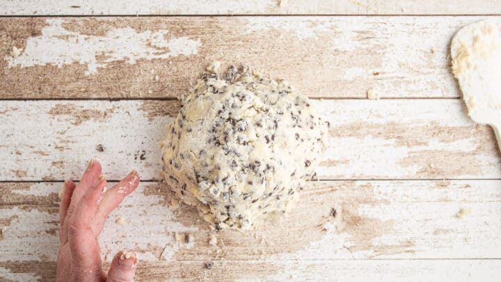 Chocolate chip scone dough pressed into a big clump.