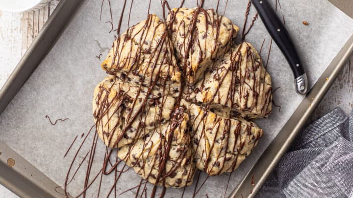 Chocolate chip scones drizzled with melted chocolate for garnish.