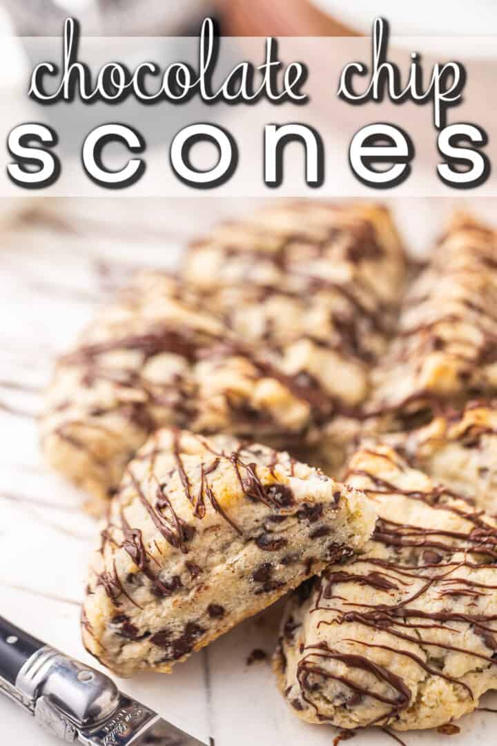Chocolate chip scone recipe, prepared and presented on a white background with a text overlay that reads "Chocolate Chip Scones."