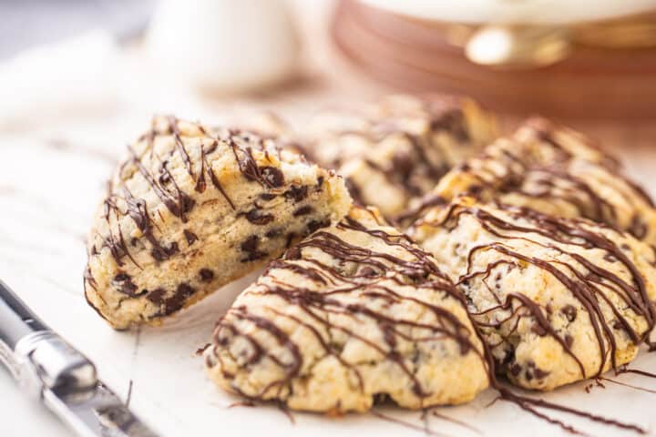 Scones chocolate chip recipe baked in triangles and drizzled with dark chocolate.