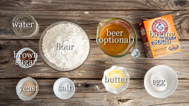 Ingredients for making pretzel buns with text labels.