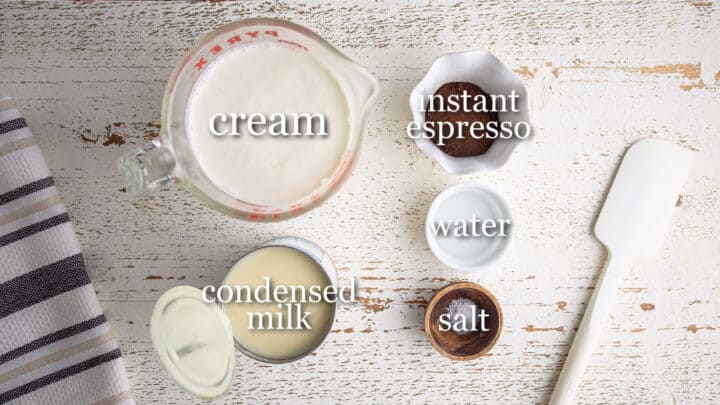 Ingredients for making coffee ice cream, with text overlays.