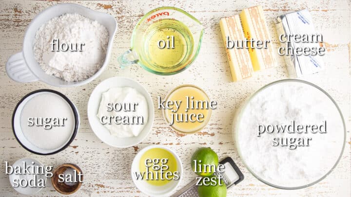 Key lime cake ingredients with text labels.