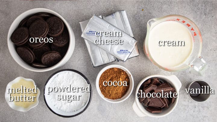Ingredients for making no bake chocolate cheesecake, with text labels.