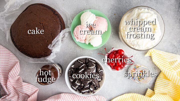 Ingredients for making ice cream cake, with text labels.