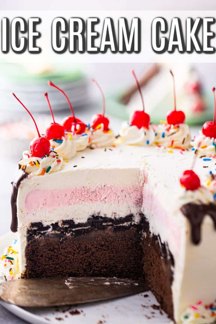 Copycat Dairy Queen ice cream cake with slices cut out so the layers inside can be seen.