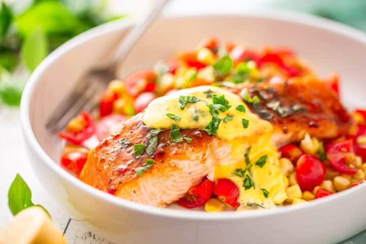 How to make a glaze for salmon oven roasted with corn, tomatoes, and basil.