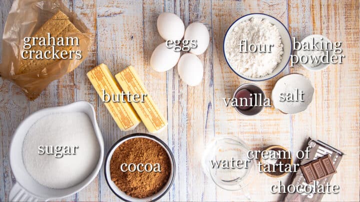 Ingredients for making s'mores brownies, with text labels.