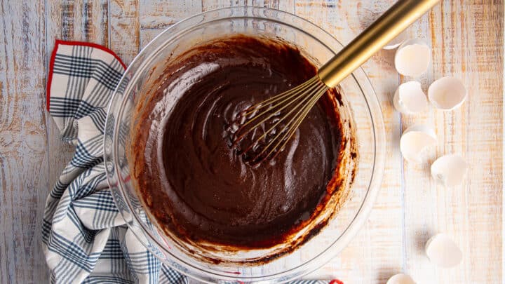 Brownie batter with eggs whisked in.
