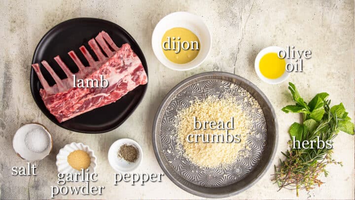 Ingredients for herb encrusted lamb chops with text labels.