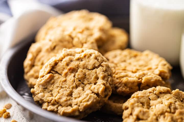 Oatmeal peanut butter cookie recipe, prepared and baked with a crackly, craggly top.
