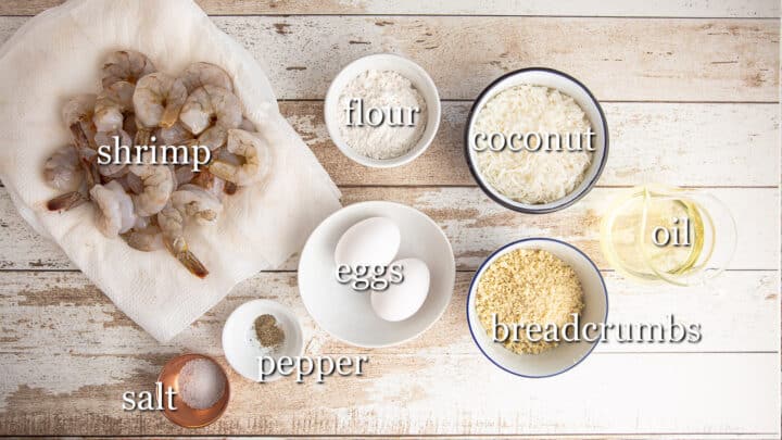 Coconut shrimp ingredients with text labels.