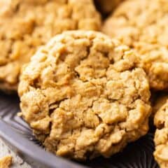 Peanut butter oatmeal cookie recipe, baked and presented in a vintage Ovenex pan.