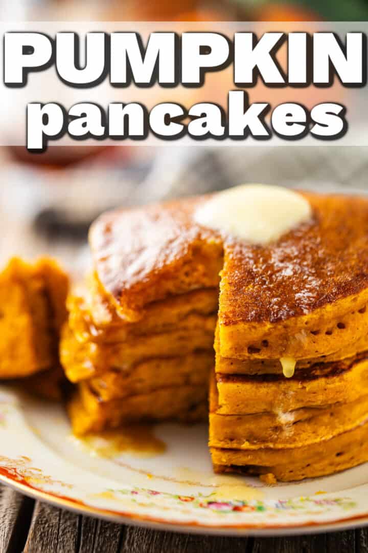 Pumpkin pancake recipe, prepared and drizzled with syrup.