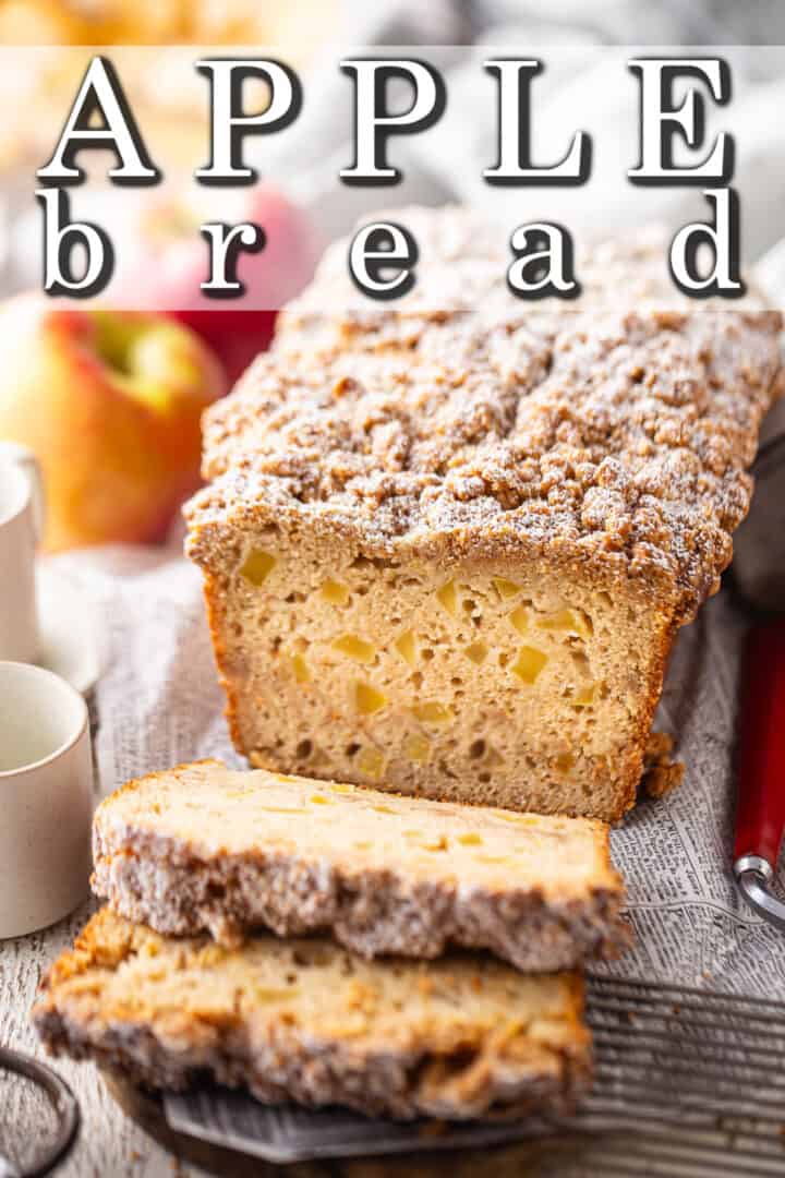 A freshly baked loaf on a serving board, with a text banner that reads "Apple Bread."