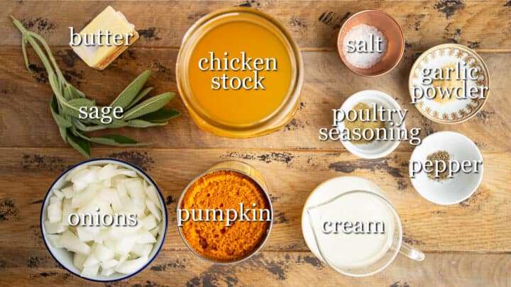 Ingredients for making pumpkin soup, with text labels