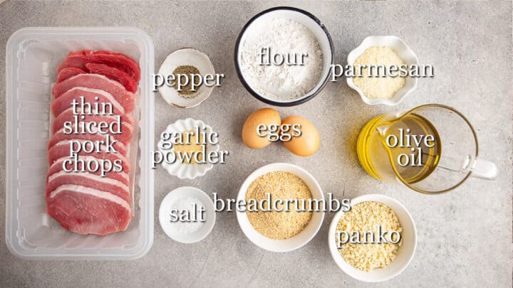 Ingredients for making pork Milanese, with text labels.