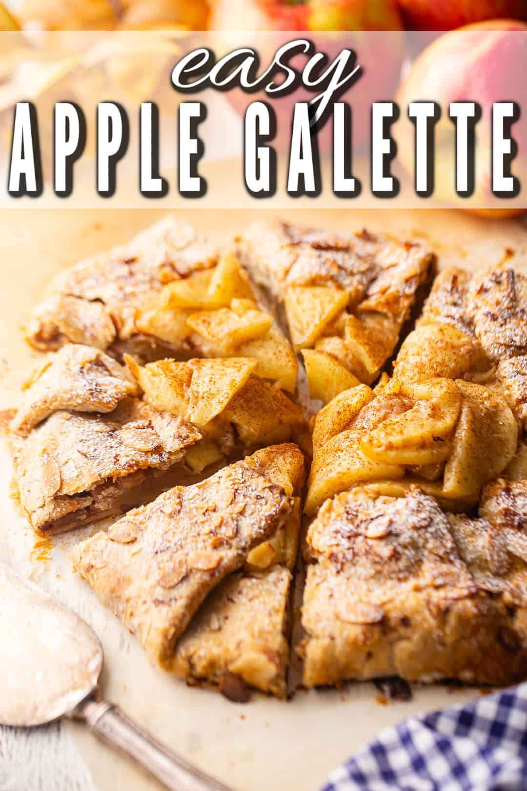 Easy apple galette recipe, baked and served with a blue checked cloth.