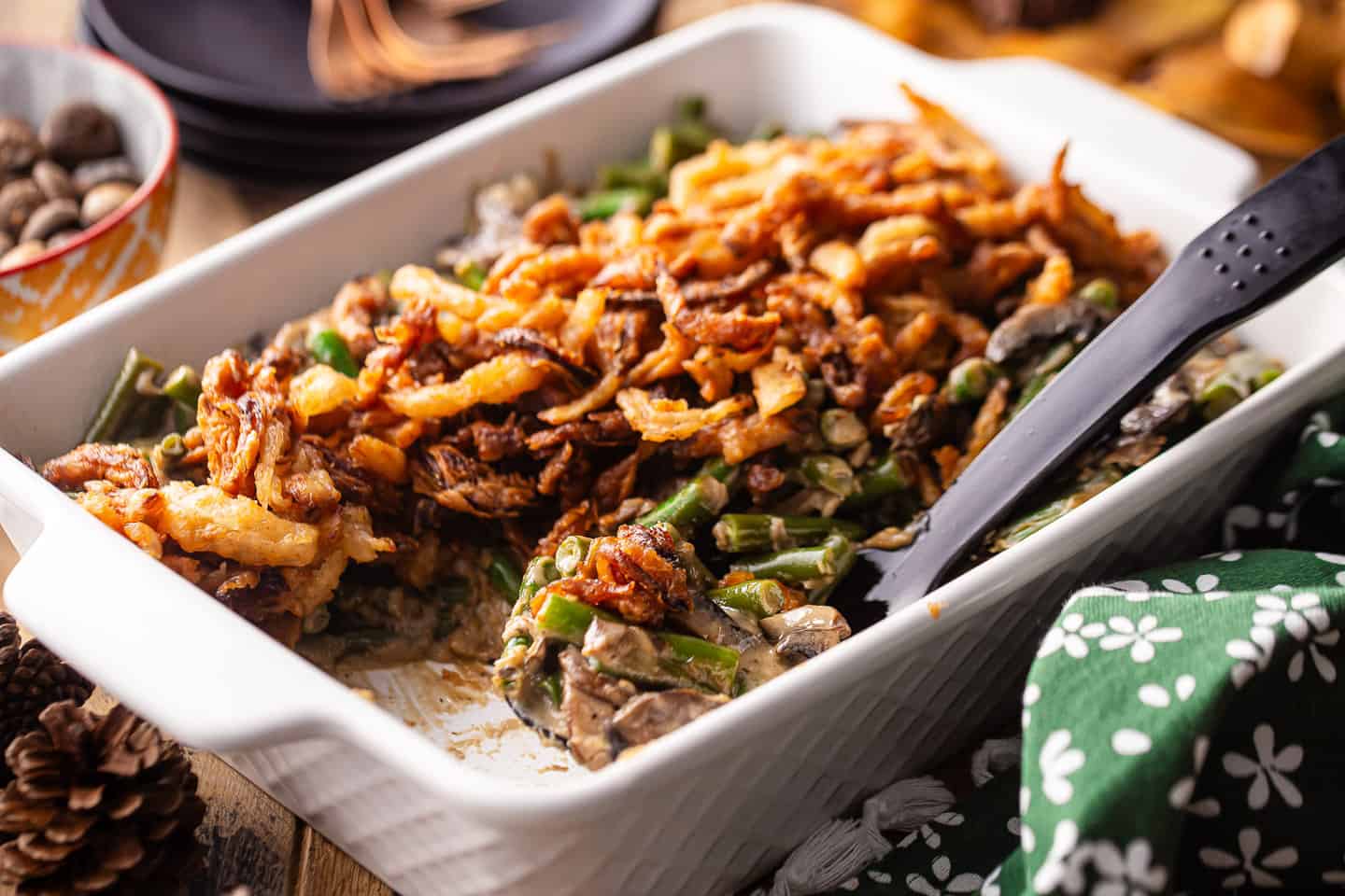 Best green bean casserole recipe with fresh green beans and crunchy fried onion topping.
