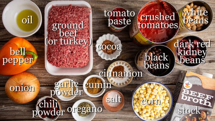 Ingredients for making chili con carne, with text labels.