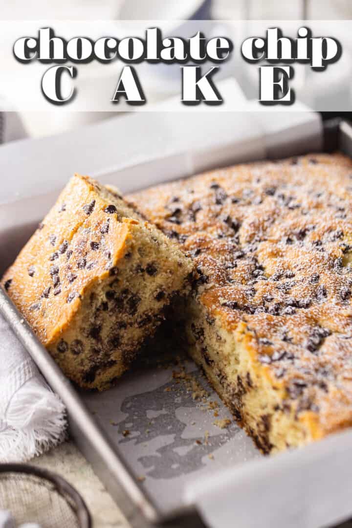 Chocolate chip cake recipe, prepared and served in the pan, with powdered sugar on top.
