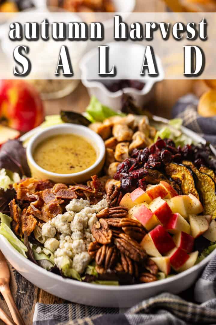 Fall salad recipe served on a distressed wooden tabletop.