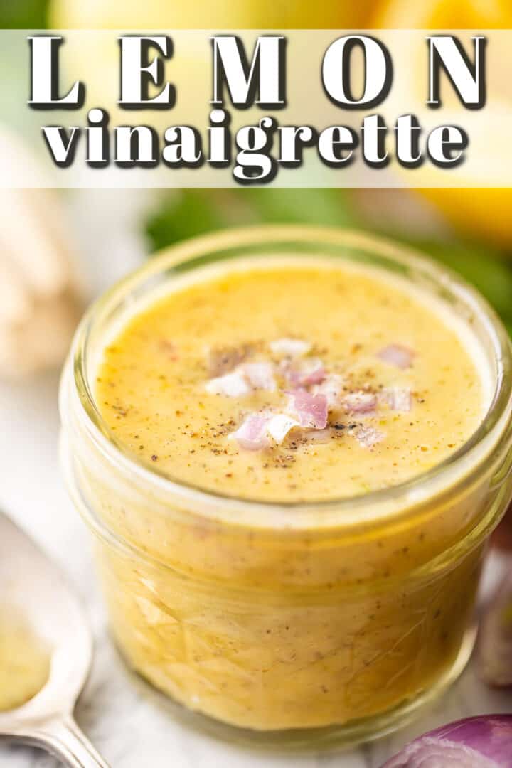 Lemon vinaigrette recipe, prepared and displayed in a glass jar.