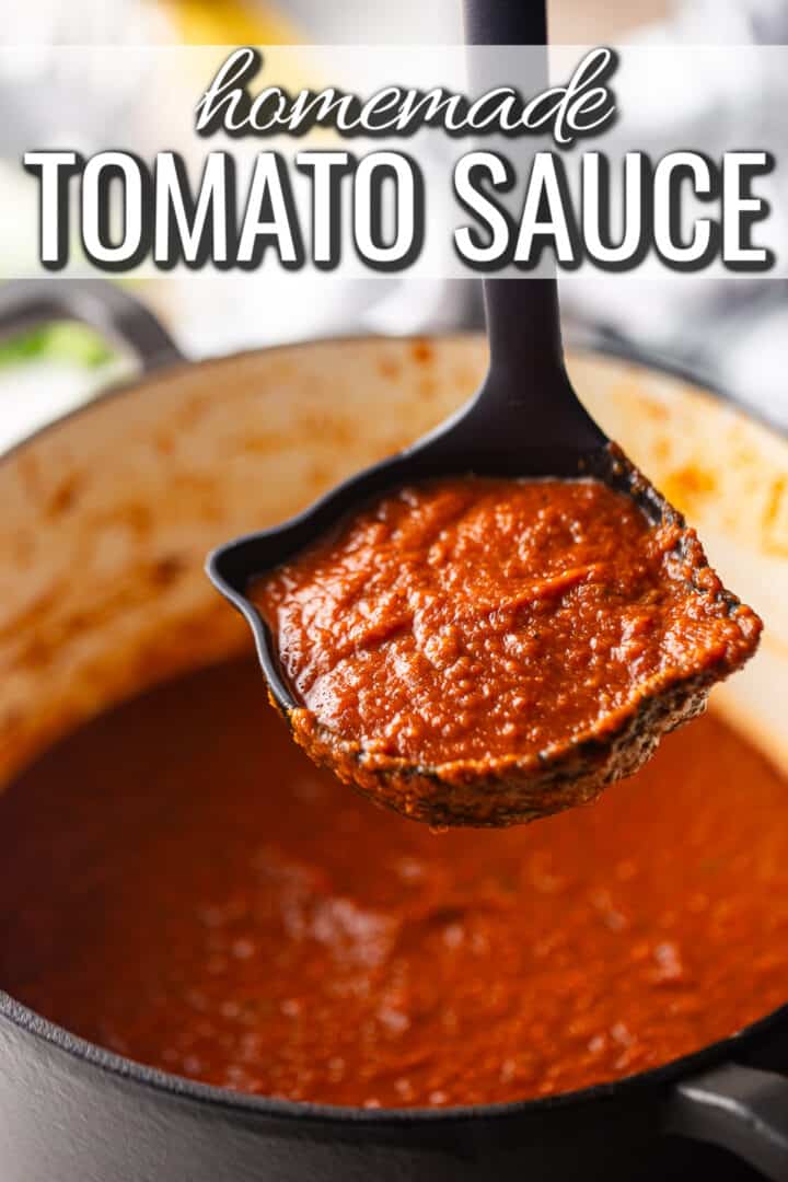 Serving tomato sauce recipe with a ladle.