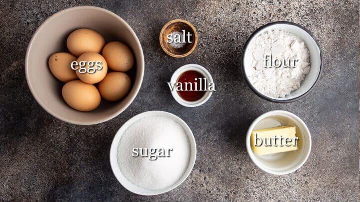 Genoise cake ingredients, with text labels.