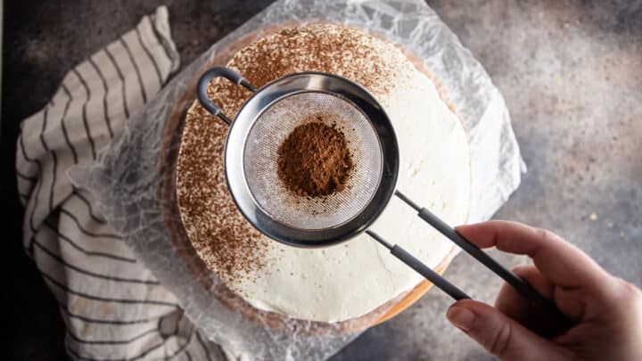 Dusting the top of a tiramisu cake with cocoa.